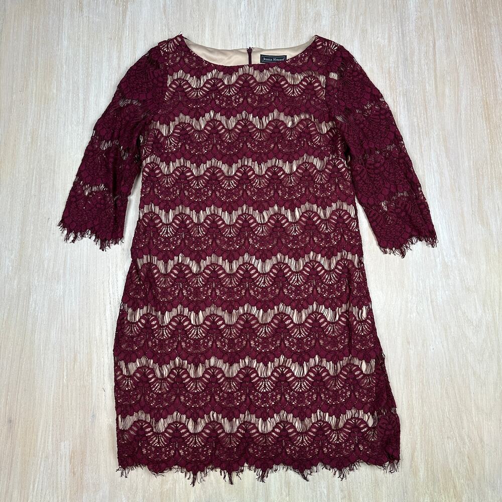 Jessica Howard Burgundy Lace Illusion Romantic Elegant Sheath Cocktail Dress 16